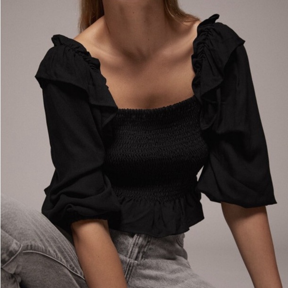 Zara Smocked Square-Neck Ruffle Top